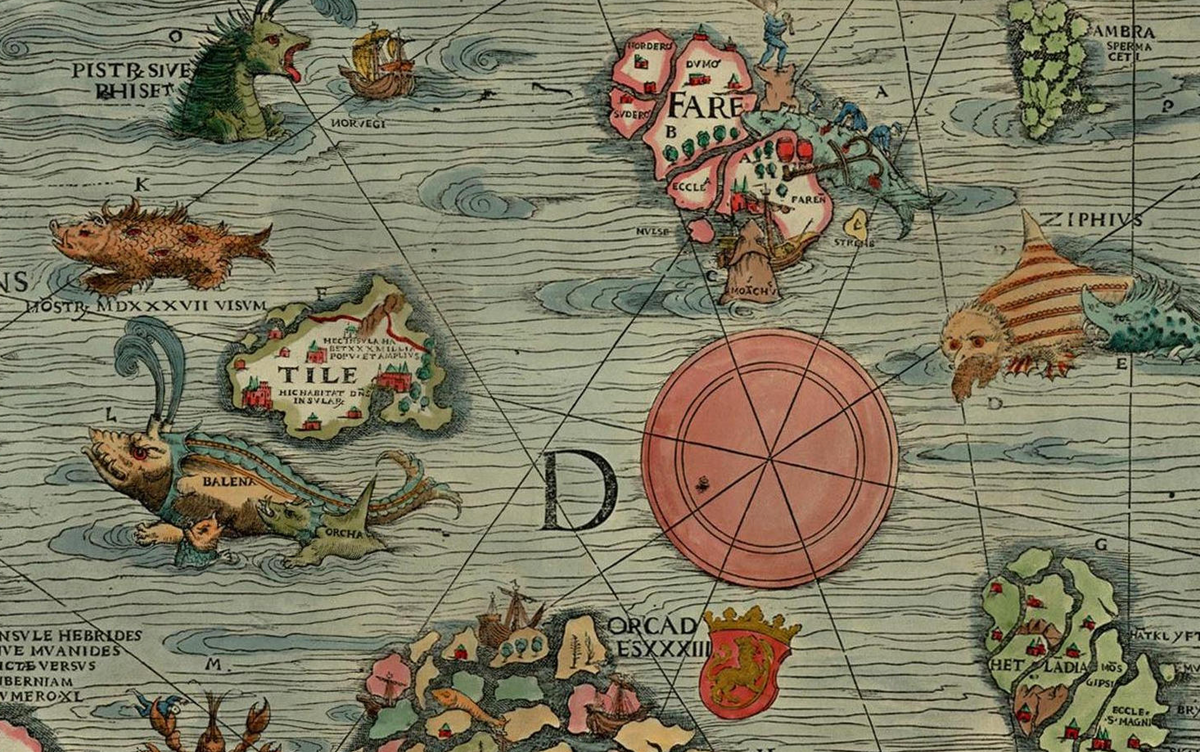 Heere be sea monsters — a sea-monster illustration from an early chart