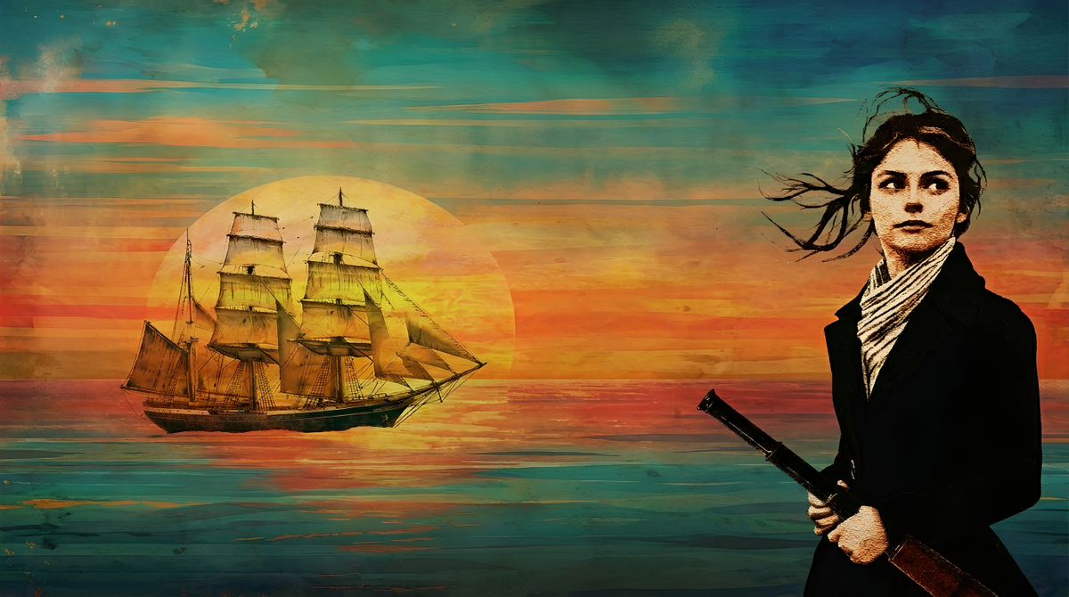 Ellen with a spyglass at sunset, a clipper ship in the sun behind her