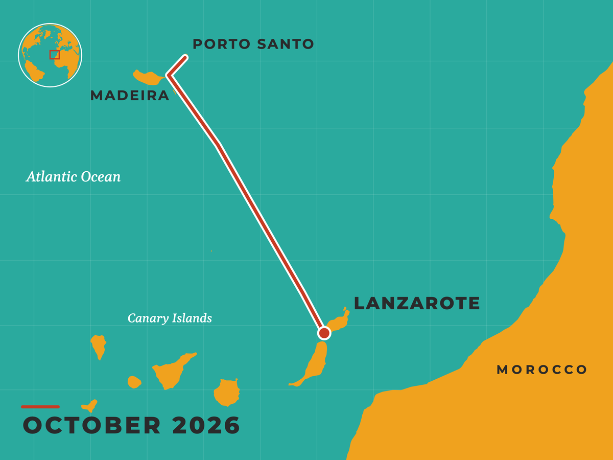 Where I am now: Lanzarote, Canary Islands, October 2026 — map of Pristine’s passage from Porto Santo and Madeira