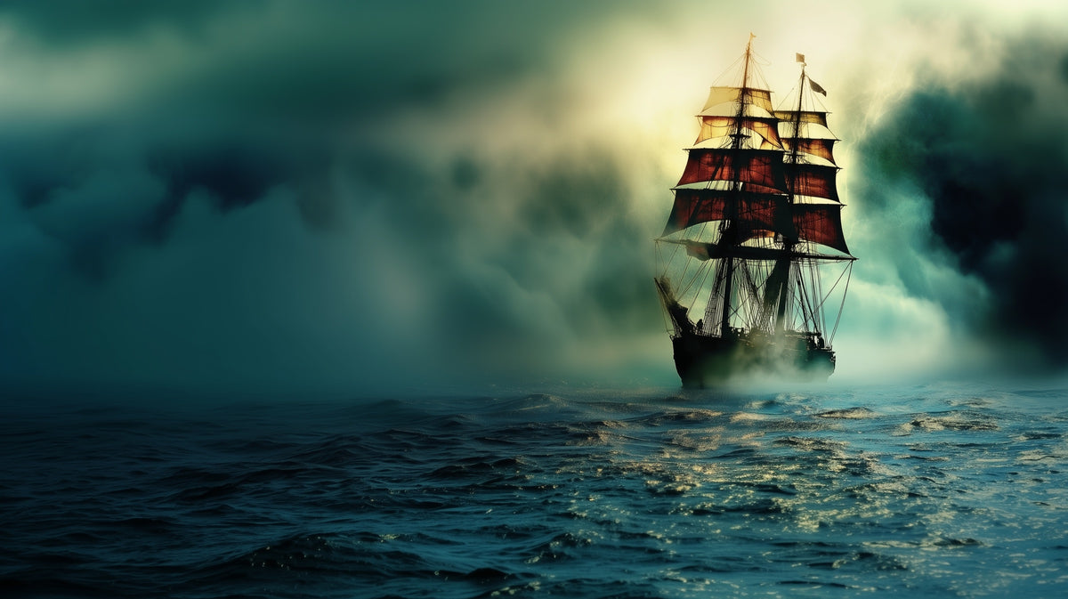 A clipper ship under full sail in storm light and fog