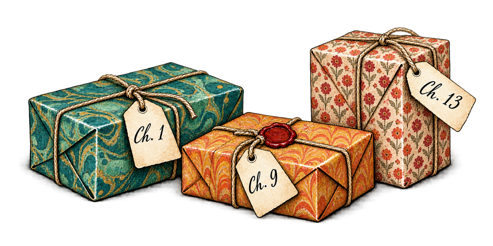 Three wrapped parcels in marbled and printed papers, tagged Ch. 1, Ch. 9 and Ch. 13
