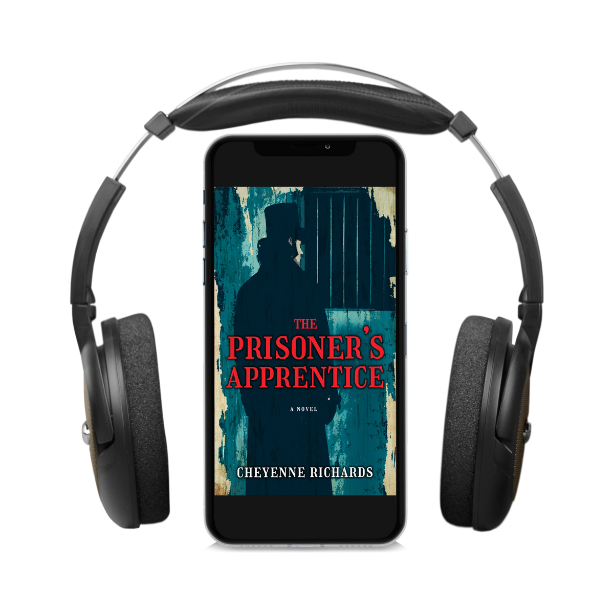 The Prisoner’s Apprentice by Cheyenne Richards, audiobook on a phone with headphones